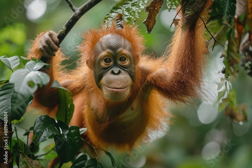 A Tapanuli orangutan swinging from vine to vine in a Sumatran jungle, its distinctive reddish fur and long arms creating a striking image.  photo