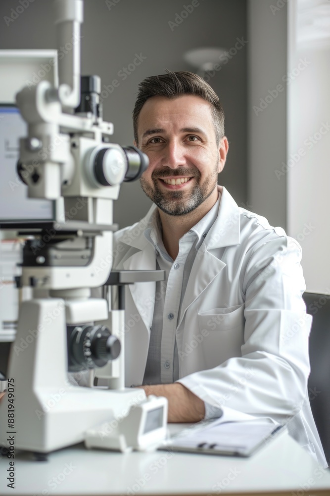 A scientist in a lab coat sits at a microscope, examining a sample A scientist in a lab coat sits at a microscope, examining a sample