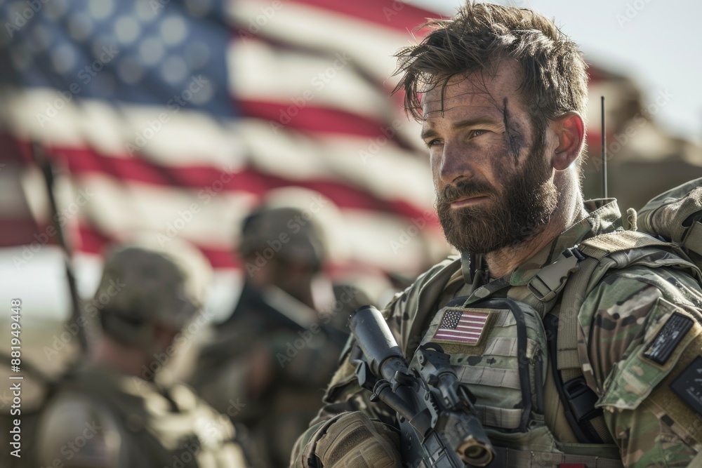 Fototapeta premium A soldier stands in front of an American flag, looking determined. The scene captures the military and patriotic spirit. The style is realistic. Purpose is for editorial or informational use