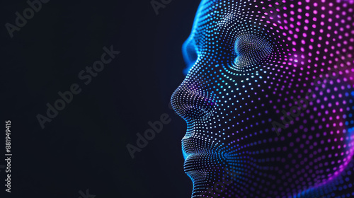 futuristic digital face composed of glowing blue and purple dots on a dark background. The abstract design emphasizes technology, innovation, and artificial intelligence