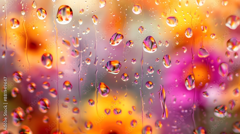 Close-up of water droplets on glass over a blurred floral pattern with vibrant orange and purple hues. Close-up of water droplets on glass over a blurred floral pattern with vibrant orange and purple hues.