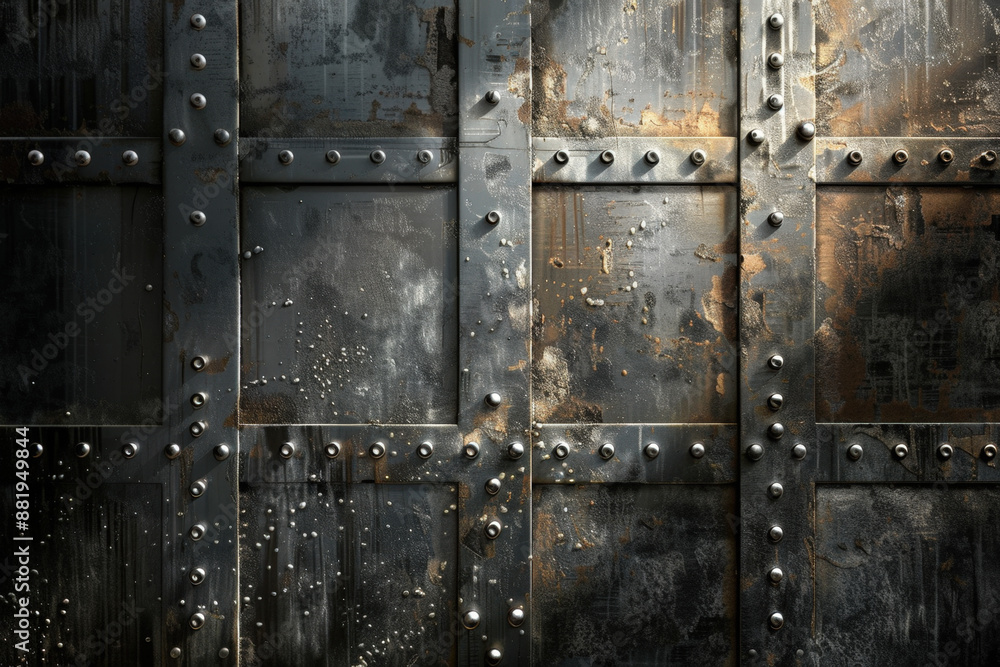 Background of old grunge rusty metal plates with rivets, showing signs of age and decay Background of old grunge rusty metal plates with rivets, showing signs of age and decay