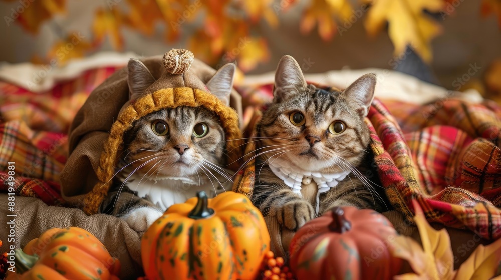 Adorable cats in cozy costumes surrounded by autumn leaves and pumpkins, creating a festive Fall atmosphere. Adorable cats in cozy costumes surrounded by autumn leaves and pumpkins, creating a festive Fall atmosphere.