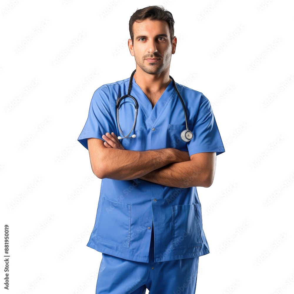 Healthcare, profession and medicine concept - happy smiling doctor or male nurse in blue uniform with stethoscope. Transparent background or PNG file Healthcare, profession and medicine concept - happy smiling doctor or male nurse in blue uniform with stethoscope. Transparent background or PNG file