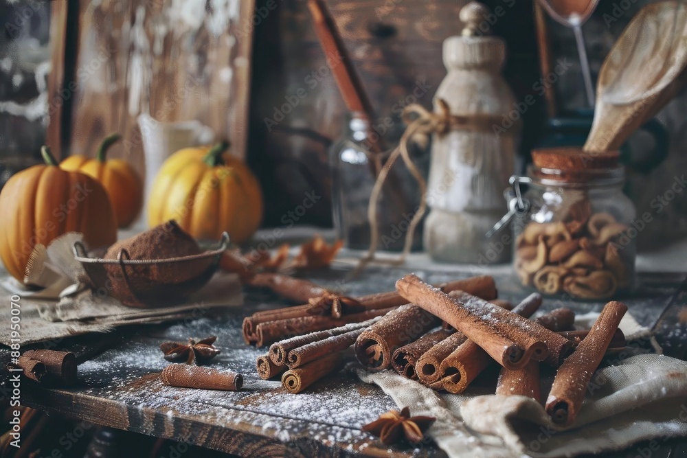 Rustic autumn kitchen scene with cinnamon sticks, pumpkins, spices, and baking ingredients on a wooden table. Cozy fall atmosphere. Rustic autumn kitchen scene with cinnamon sticks, pumpkins, spices, and baking ingredients on a wooden table. Cozy fall atmosphere.