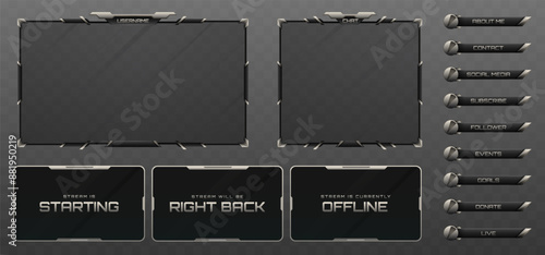Black and Silver Themed Stream Overlay Webcam Screen Frame and Stream Alert GUI Panels for Live Video Streaming Platforms