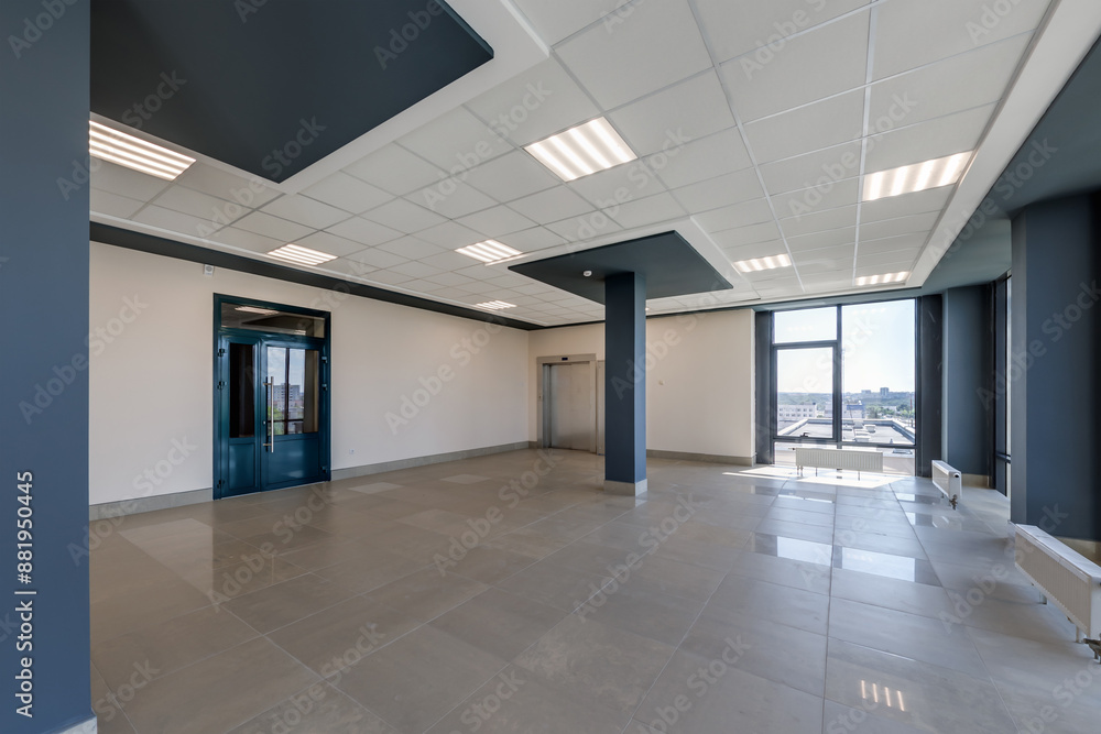 panorama view in empty modern hall with columns, doors and panoramic windows. panorama view in empty modern hall with columns, doors and panoramic windows.