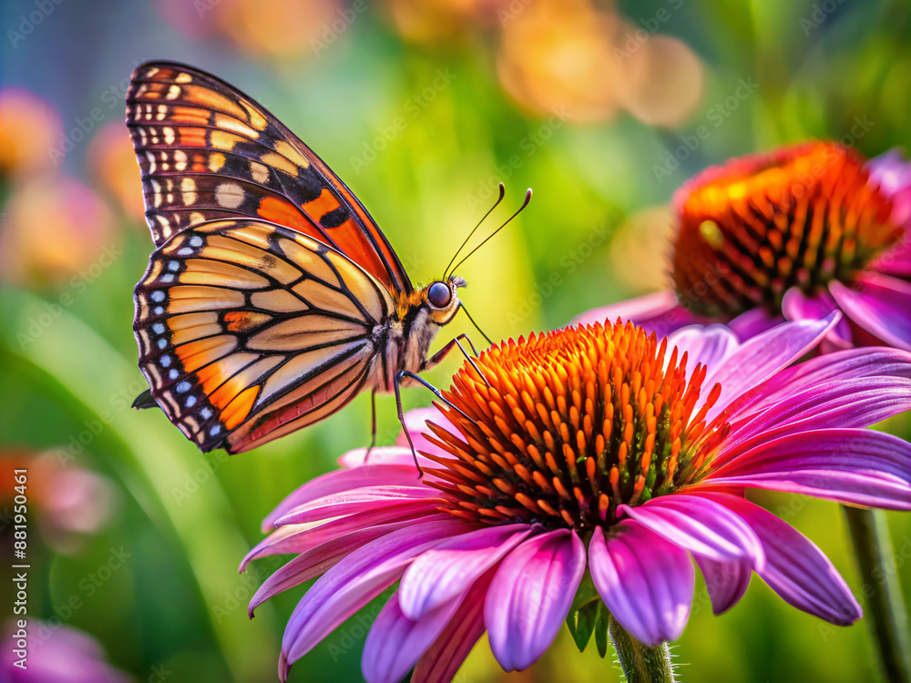 Fototapeta premium butterfly on flower, flower, nature, monarch, garden, animal, wings, orange, macro, summer, colorful, fly, black, bug