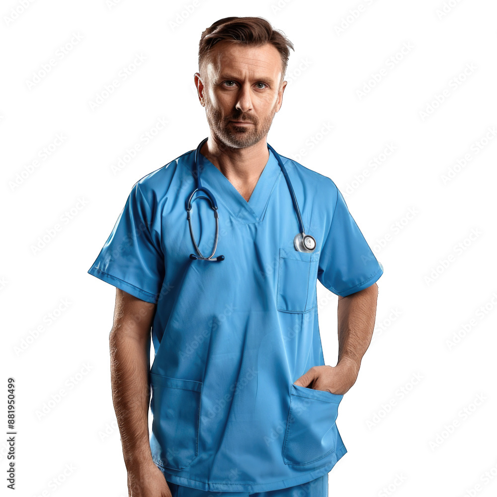 Healthcare, profession and medicine concept - happy smiling doctor or male nurse in blue uniform with stethoscope. Transparent background or PNG file Healthcare, profession and medicine concept - happy smiling doctor or male nurse in blue uniform with stethoscope. Transparent background or PNG file