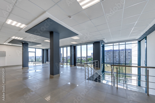 panorama view in empty modern hall with columns, doors and panoramic windows. © hiv360