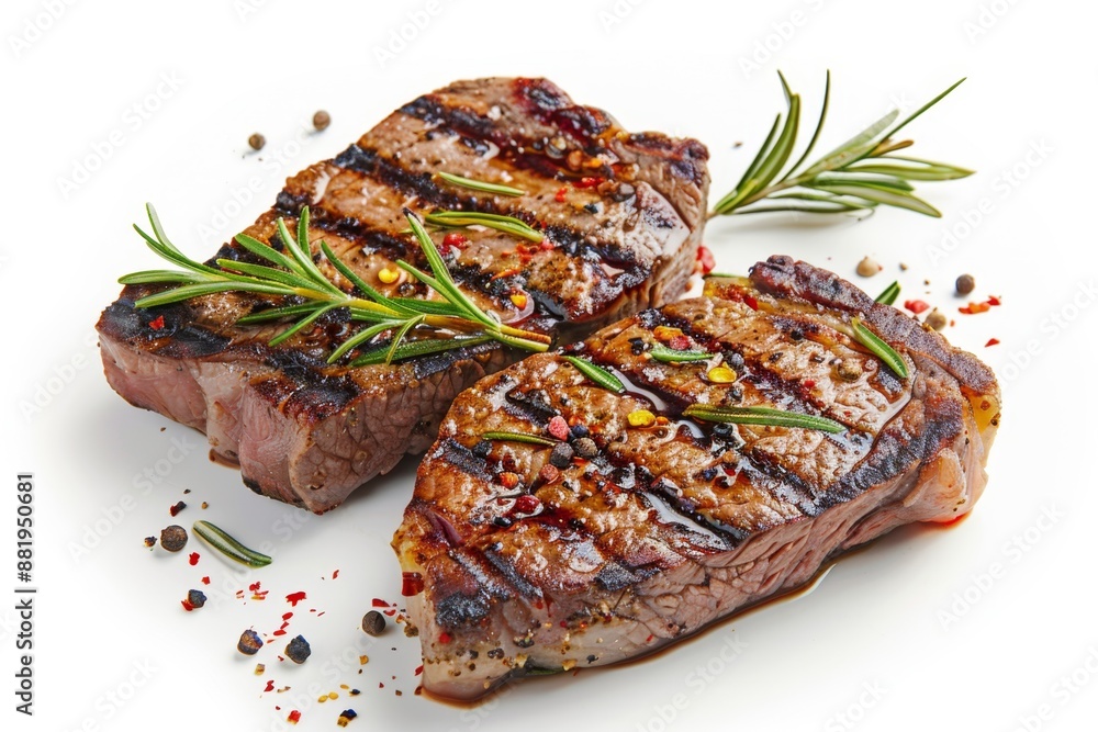 Juicy grilled steaks with aromatic herbs and spices. High resolution, close-up, perfect for culinary blogs and menus. Capturing the essence of gourmet dining. Generative AI Juicy grilled steaks with aromatic herbs and spices. High resolution, close-up, perfect for culinary blogs and menus. Capturing the essence of gourmet dining. Generative AI