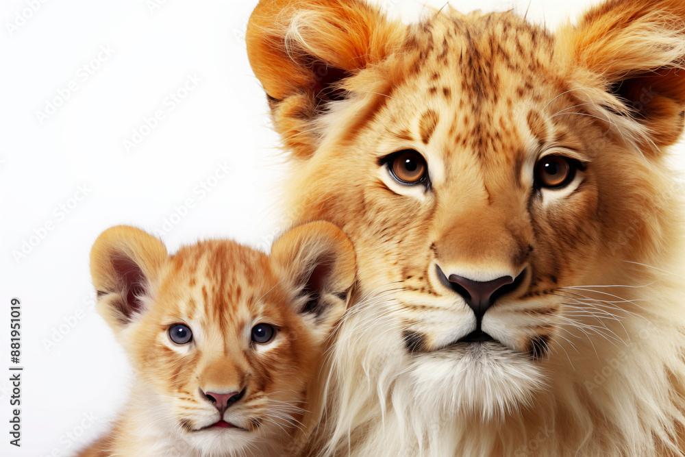 Fototapeta premium An adult lion with a lion cub on a white background, postcard