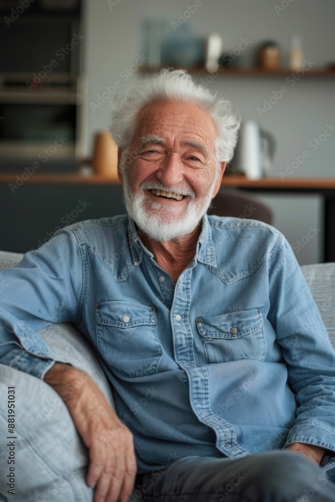 A happy person sitting on a couch, perfect for showcasing relaxation and leisure A happy person sitting on a couch, perfect for showcasing relaxation and leisure