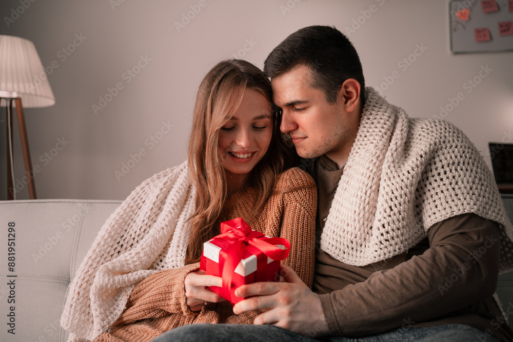 Young couple in love, man giving gift box for his girlfriend while sitting on the sofa in the living room at home. Valentine's Day Celebrating Young couple in love, man giving gift box for his girlfriend while sitting on the sofa in the living room at home. Valentine's Day Celebrating