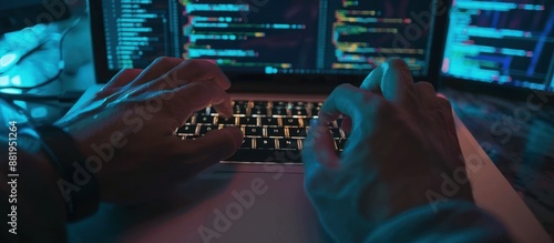 Close-up of Hands Typing on a Laptop in a Blue and Pink Lit Room photo