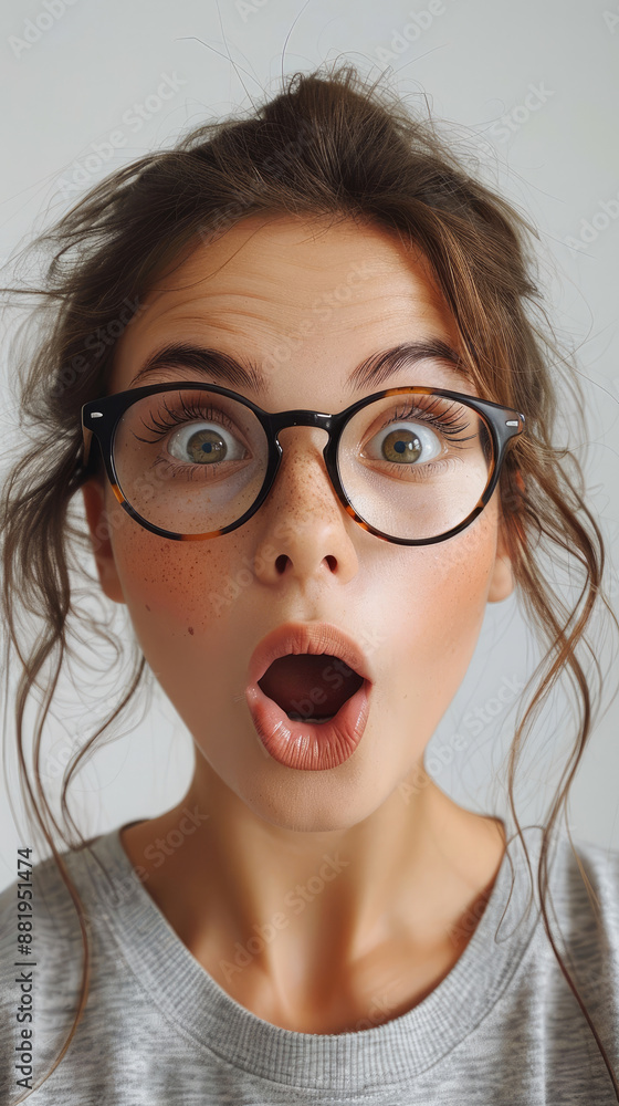 the enthusiastic surprised funny expression of the woman with glasses and brown hair with her mouth wide open wanting to say something with her eyes looking forward the enthusiastic surprised funny expression of the woman with glasses and brown hair with her mouth wide open wanting to say something with her eyes looking forward