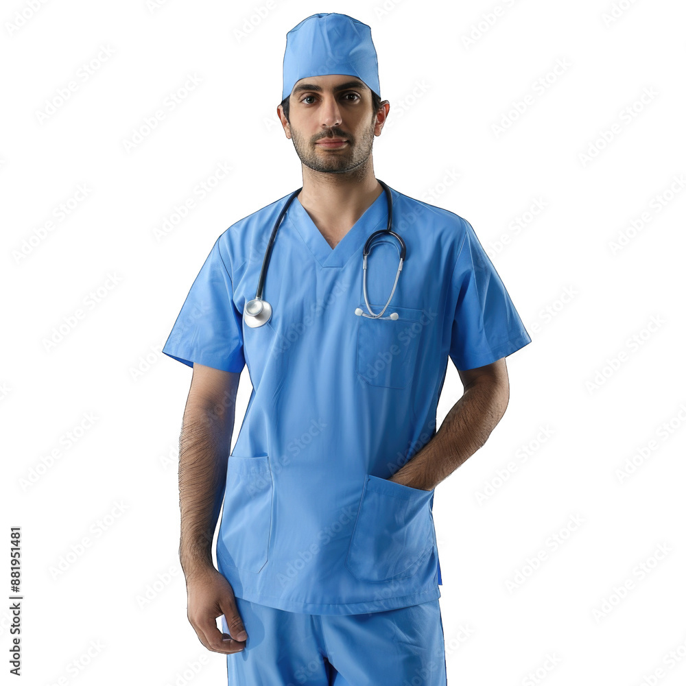 Healthcare, profession and medicine concept - happy smiling doctor or male nurse in blue uniform with stethoscope. Transparent background or PNG file Healthcare, profession and medicine concept - happy smiling doctor or male nurse in blue uniform with stethoscope. Transparent background or PNG file