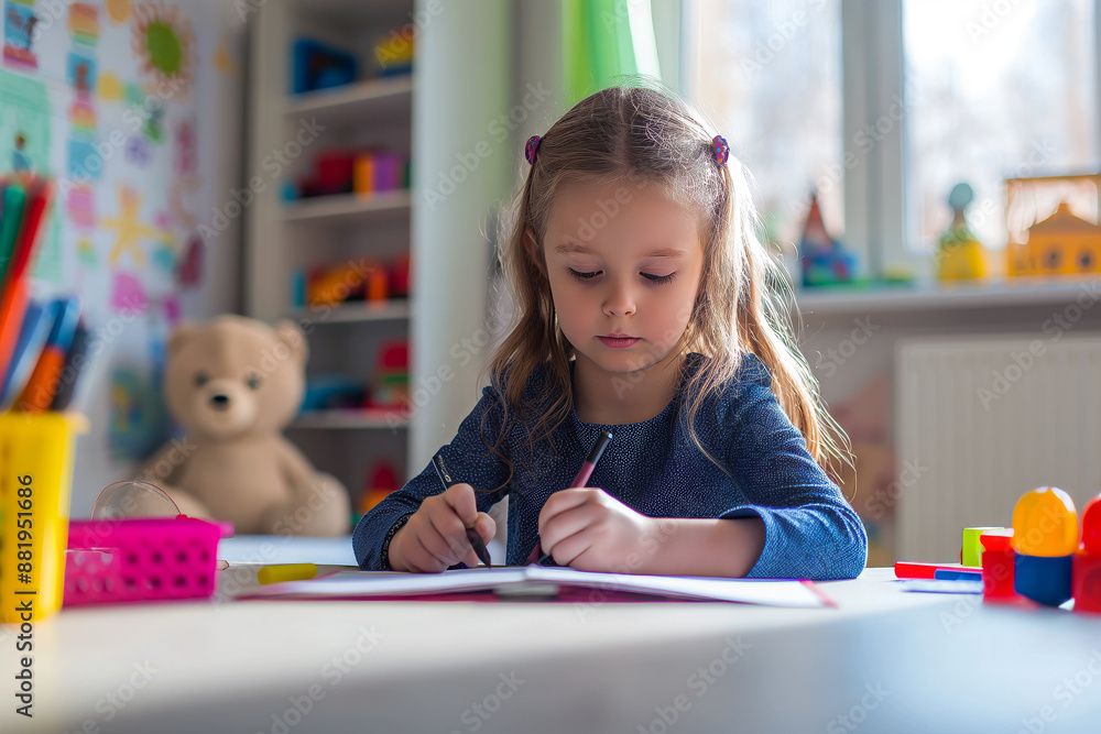 A young girl sitting at a table drawing in a room with toys, soft daylight, colorful but clean background. A young girl sitting at a table drawing in a room with toys, soft daylight, colorful but clean background.