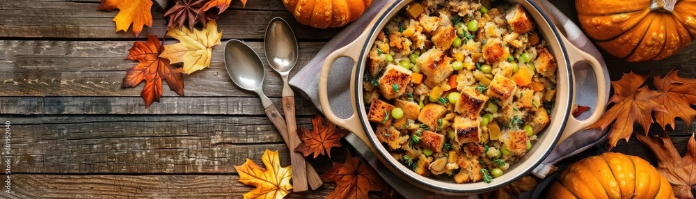 Delicious Thanksgiving stuffing in a pan surrounded by autumn leaves and pumpkins on a wooden table, capturing the festive fall spirit. Delicious Thanksgiving stuffing in a pan surrounded by autumn leaves and pumpkins on a wooden table, capturing the festive fall spirit.