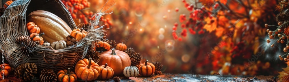 Autumn scene with pumpkins in a cornucopia, surrounded by fall leaves and pine cones, capturing the essence of the fall harvest season. Autumn scene with pumpkins in a cornucopia, surrounded by fall leaves and pine cones, capturing the essence of the fall harvest season.