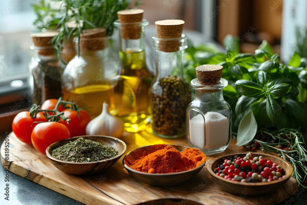 Arrange a selection of ingredients like spices, oils, and vegetables on a countertop, ready for meal preparation Arrange a selection of ingredients like spices, oils, and vegetables on a countertop, ready for meal preparation