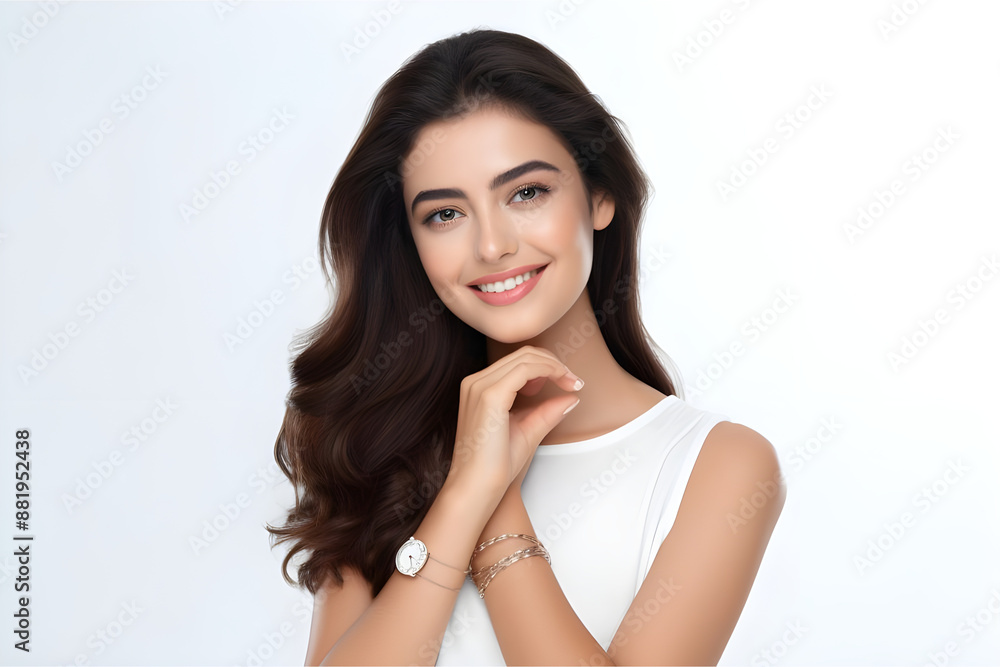 indian beauty fresh skin long black hair in summer dress smailing in happy mode with clock indian beauty fresh skin long black hair in summer dress smailing in happy mode with clock