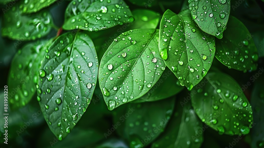 Refreshing Raindrops on Vibrant Green Leaves - Softly Illuminated Nature Close-Up Refreshing Raindrops on Vibrant Green Leaves - Softly Illuminated Nature Close-Up