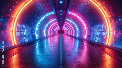 Neon-lit futuristic tunnel with pink and blue lights in 3D animation © flashmovie