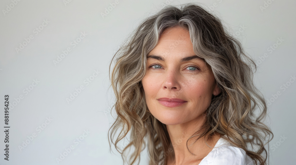 Beauty facial skin of middle-aged woman with perfect natural makeup and bright smile highlighting facial features and smooth skincare texture of beautiful skin color isolated on white background Beauty facial skin of middle-aged woman with perfect natural makeup and bright smile highlighting facial features and smooth skincare texture of beautiful skin color isolated on white background