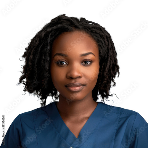 Portrait of smiling young female doctor or young nurse wearing blue scrubs uniform and stethoscope and standing with arms crossed while looking at camera. Transparent background or PNG file.