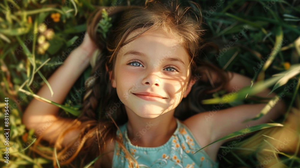 Portrait a young girl is laying in the grass, looking up at the sun Portrait a young girl is laying in the grass, looking up at the sun