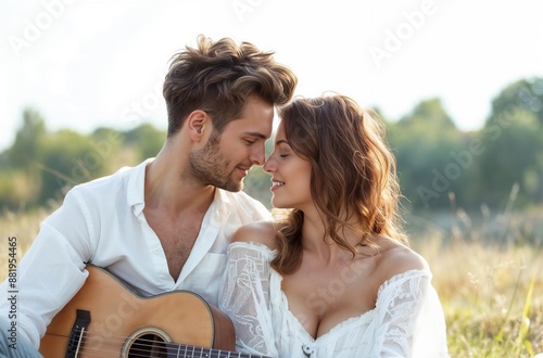 Young couple is sitting in a field, looking lovingly at each other. The man is holding an acoustic guitar and the woman is smiling