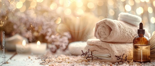 Spa essentials: Towels, oil and stones on a wooden table.