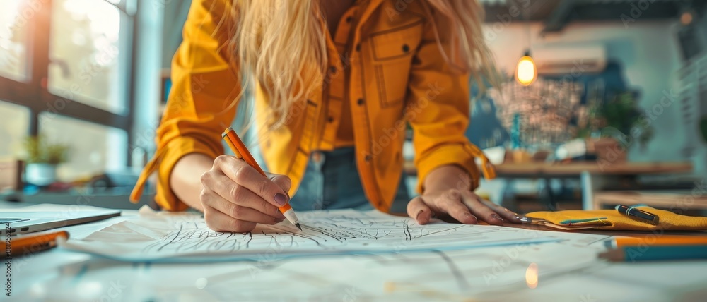 Naklejka premium Woman in a yellow jacket writes on a large sheet of paper.