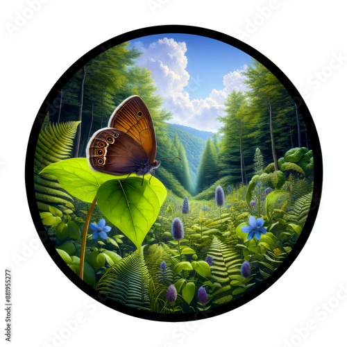 A circular 3D rendered watercolor painting of an Appalachian Brown butterfly (Lethe appalachia), isolated on a transparent background photo