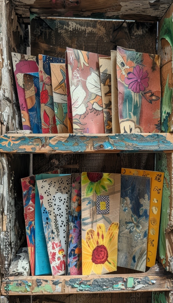 Fototapeta premium Colorful Handmade Paper Bookmarks with Unique Designs on Rustic Wooden Shelf | Boho, Nature-Inspired Art