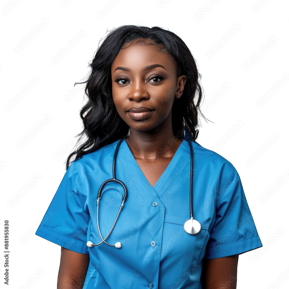Portrait of smiling young female doctor or young nurse wearing blue scrubs uniform and stethoscope and standing with arms crossed while looking at camera. Transparent background or PNG file. Portrait of smiling young female doctor or young nurse wearing blue scrubs uniform and stethoscope and standing with arms crossed while looking at camera. Transparent background or PNG file.