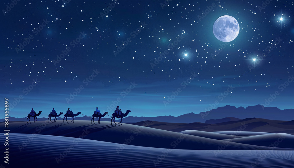 Camels in the desert at night, long caravan on the sand dunes under the full moon and starry sky Camels in the desert at night, long caravan on the sand dunes under the full moon and starry sky