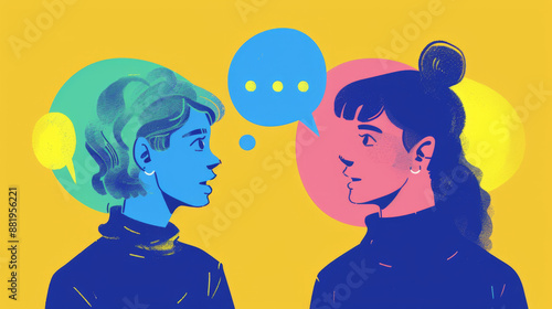 illustration of two people, one blue and the other pink, facing each other with speech bubbles above their heads. The background is yellow, and they seem engaged in a conversation