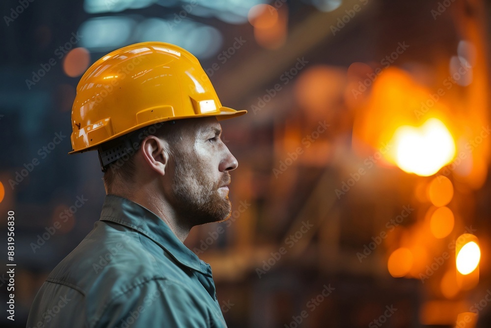 Portrait of a worker wearing a yellow hard hat stands in an industrial setting with bright, fiery lights in the background Portrait of a worker wearing a yellow hard hat stands in an industrial setting with bright, fiery lights in the background