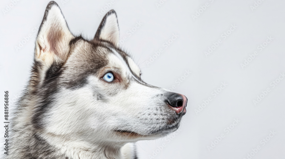 Close-up portrait view of adorable Siberian Husky dog head and face looking from side view isolated on white background Close-up portrait view of adorable Siberian Husky dog head and face looking from side view isolated on white background