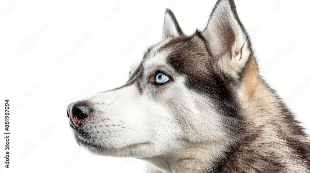 Close-up portrait view of adorable Siberian Husky dog head and face looking from side view isolated on white background Close-up portrait view of adorable Siberian Husky dog head and face looking from side view isolated on white background