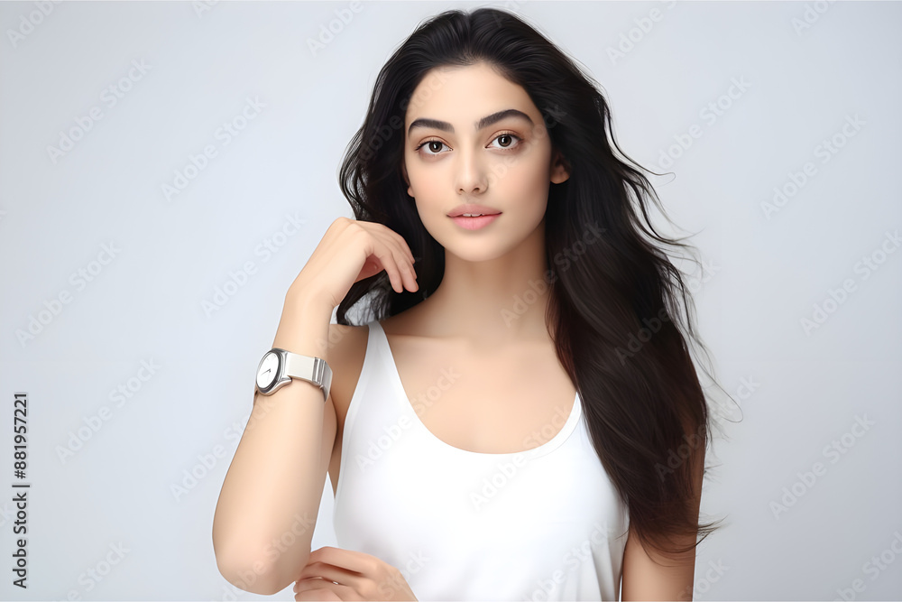 indian beauty fresh skin long black hair in summer dress smailing in happy mode with clock indian beauty fresh skin long black hair in summer dress smailing in happy mode with clock