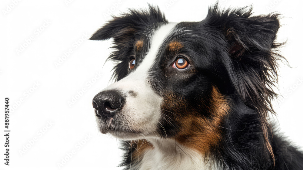 Close-up portrait view of adorable Border Collie dog head and face looking from side view isolated on white background Close-up portrait view of adorable Border Collie dog head and face looking from side view isolated on white background