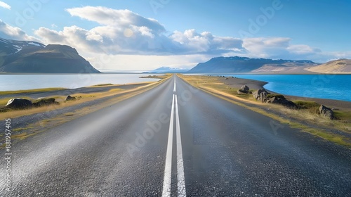 Diminishing perspective of asphalt empty roadway with road markings passing through scenic lake against sky in iceland. 