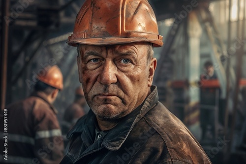 Wallpaper Mural Portrait of a construction worker in a muddy work jacket and hard hat stands on an industrial site, with another worker in the background Torontodigital.ca