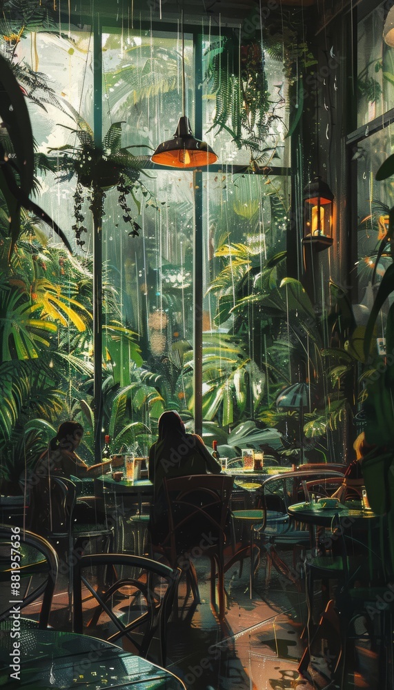 Greenhouse Café on a Rainy Day with Lush Greenery and Cozy Atmosphere for Relaxation and Coffee Enjoyment Greenhouse Café on a Rainy Day with Lush Greenery and Cozy Atmosphere for Relaxation and Coffee Enjoyment