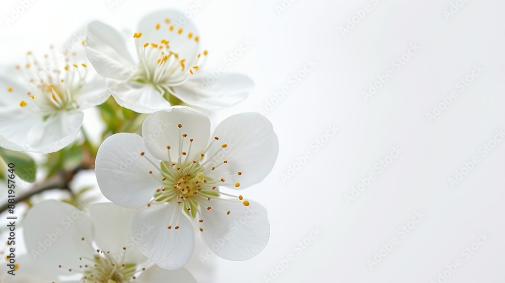 Delicate Springtime Blooms in Soft Natural Light on White Background, Macro Photography with Vibrant Contrast and Copy Space Delicate Springtime Blooms in Soft Natural Light on White Background, Macro Photography with Vibrant Contrast and Copy Space