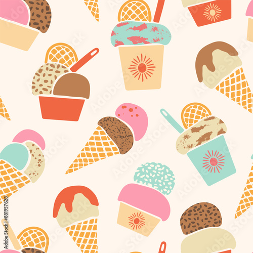 Ice-cream vector seamless pattern. Hand drawn various colorful textured summer frozen desserts on cream off-white background. Cute retro gelato in waffle cones and cups. Modern sweet food repeat tile