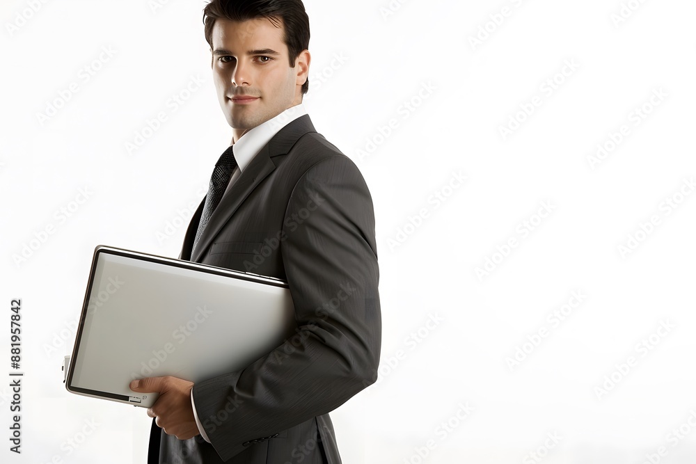 man standing, holding a sleek silver laptop in one hand man standing, holding a sleek silver laptop in one hand
